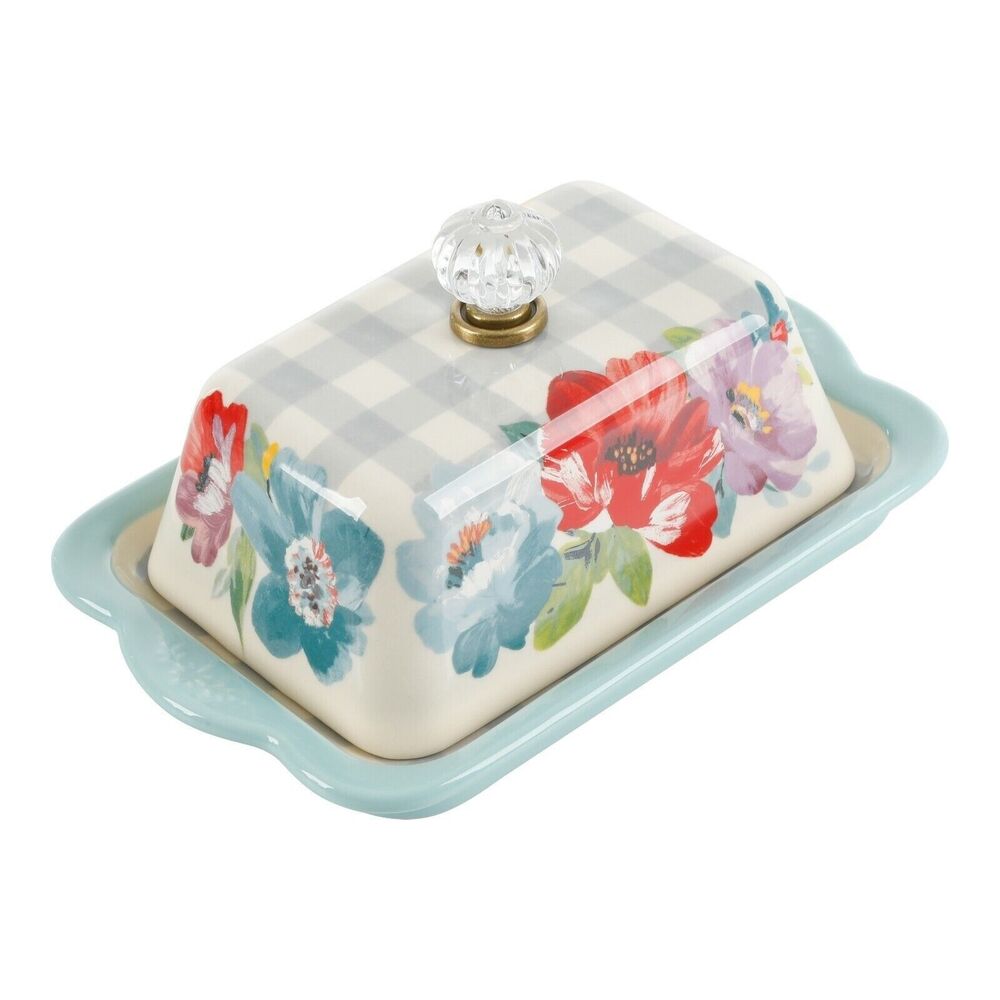 Pioneer Woman Sweet Romance Butter Dish Ceramic Acrylic Knob Floral Gift NEW